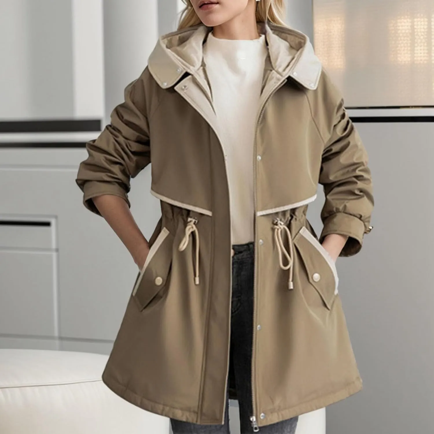 Womens Down Jacket Lightweight Quilted Jacket with Detachable Liner Pile Collar Mid Length Winter Puffer Coat Pocket