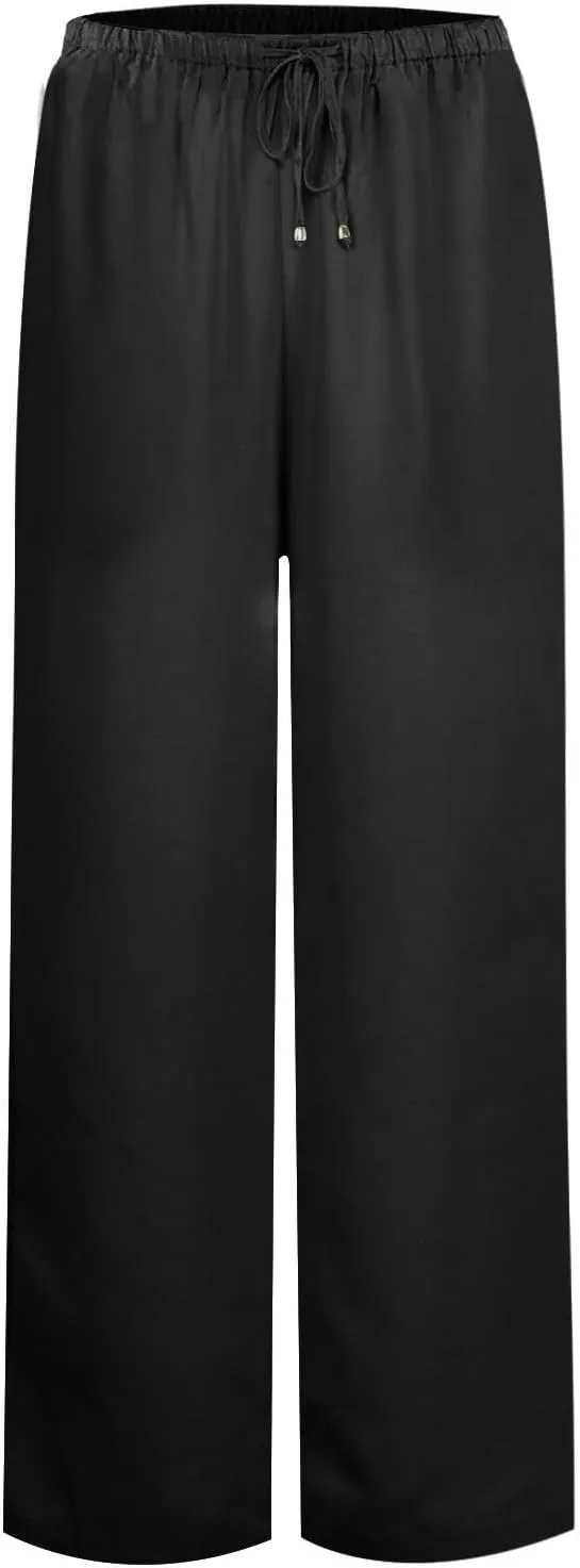 Womens Drawstring Elastic Waist Casual Wide Leg Trousers Cotton Linen Flowy Vacation Beach Palazzo Pants with Pockets