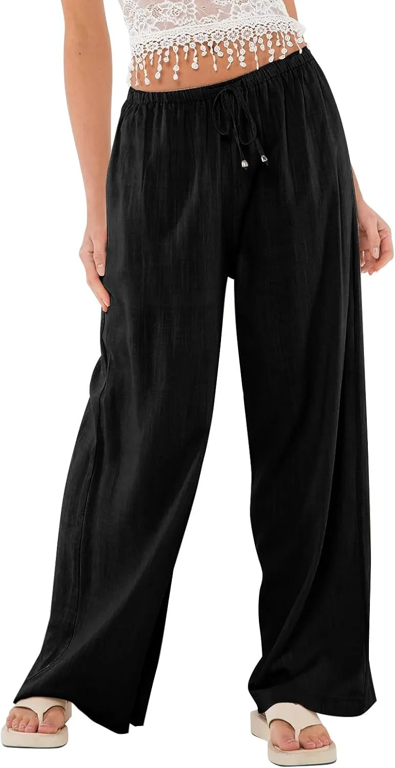 Womens Drawstring Elastic Waist Casual Wide Leg Trousers Cotton Linen Flowy Vacation Beach Palazzo Pants with Pockets