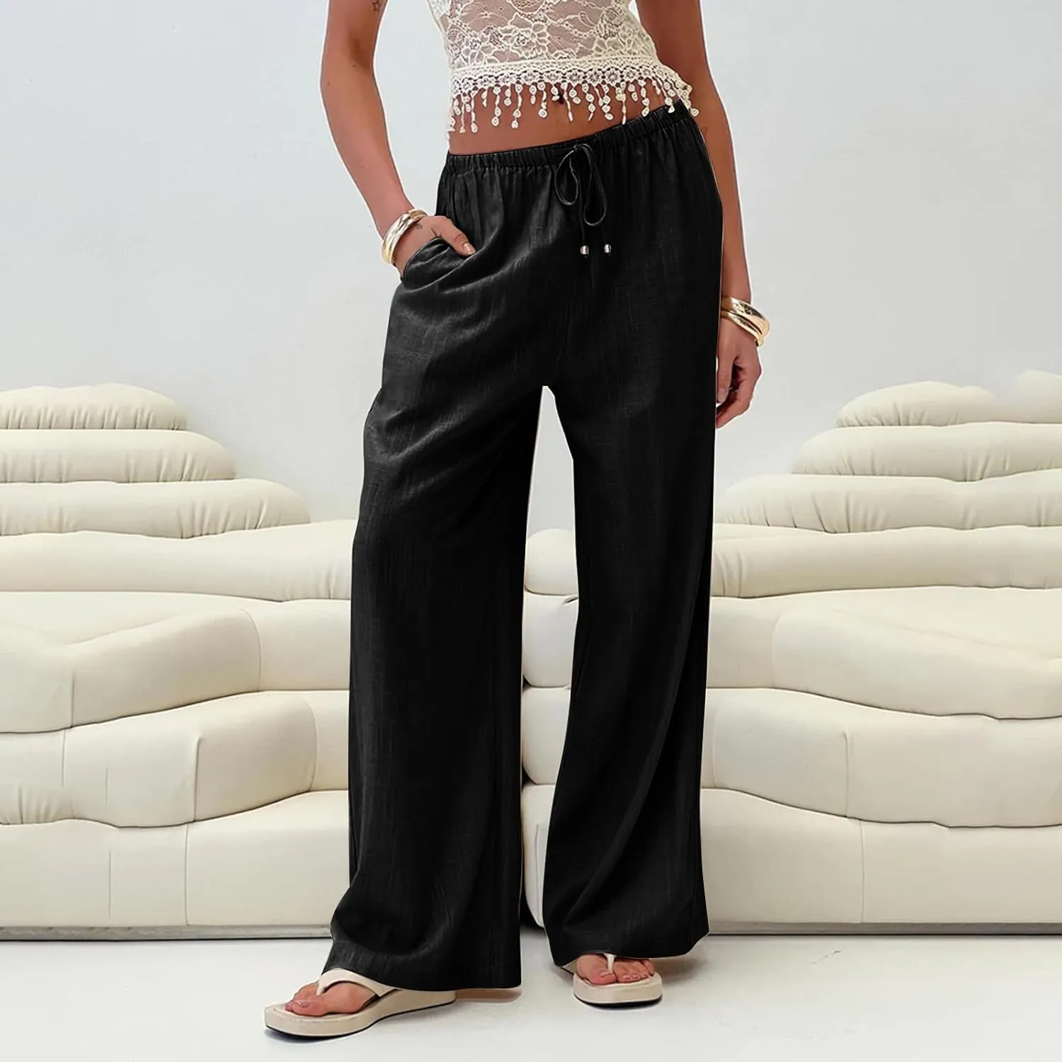Womens Drawstring Elastic Waist Casual Wide Leg Trousers Cotton Linen Flowy Vacation Beach Palazzo Pants with Pockets