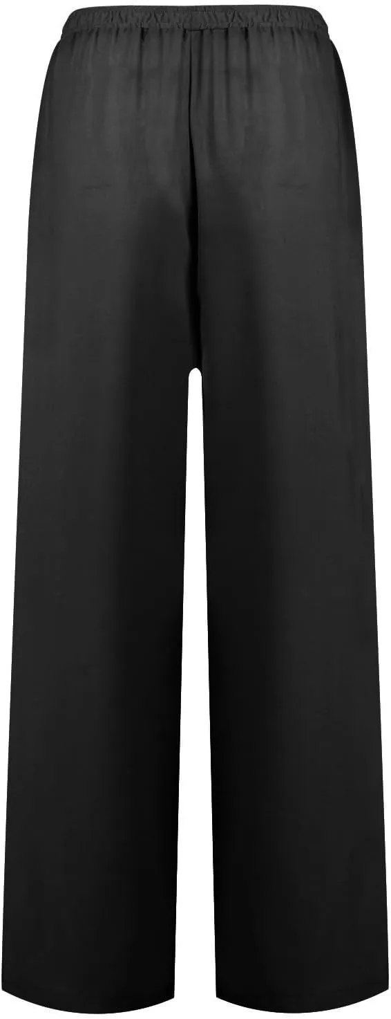 Womens Drawstring Elastic Waist Casual Wide Leg Trousers Cotton Linen Flowy Vacation Beach Palazzo Pants with Pockets