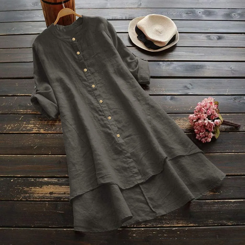 Women's Ethnic Embroidered Floral Shirt Collar Button Summer Loose Short Sleeved Blouse Cotton Linen Tops