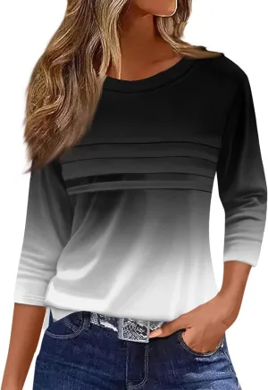 Women's Fashion Casual Loose 3/4 Sleeve Striped Printed Round Neck Top