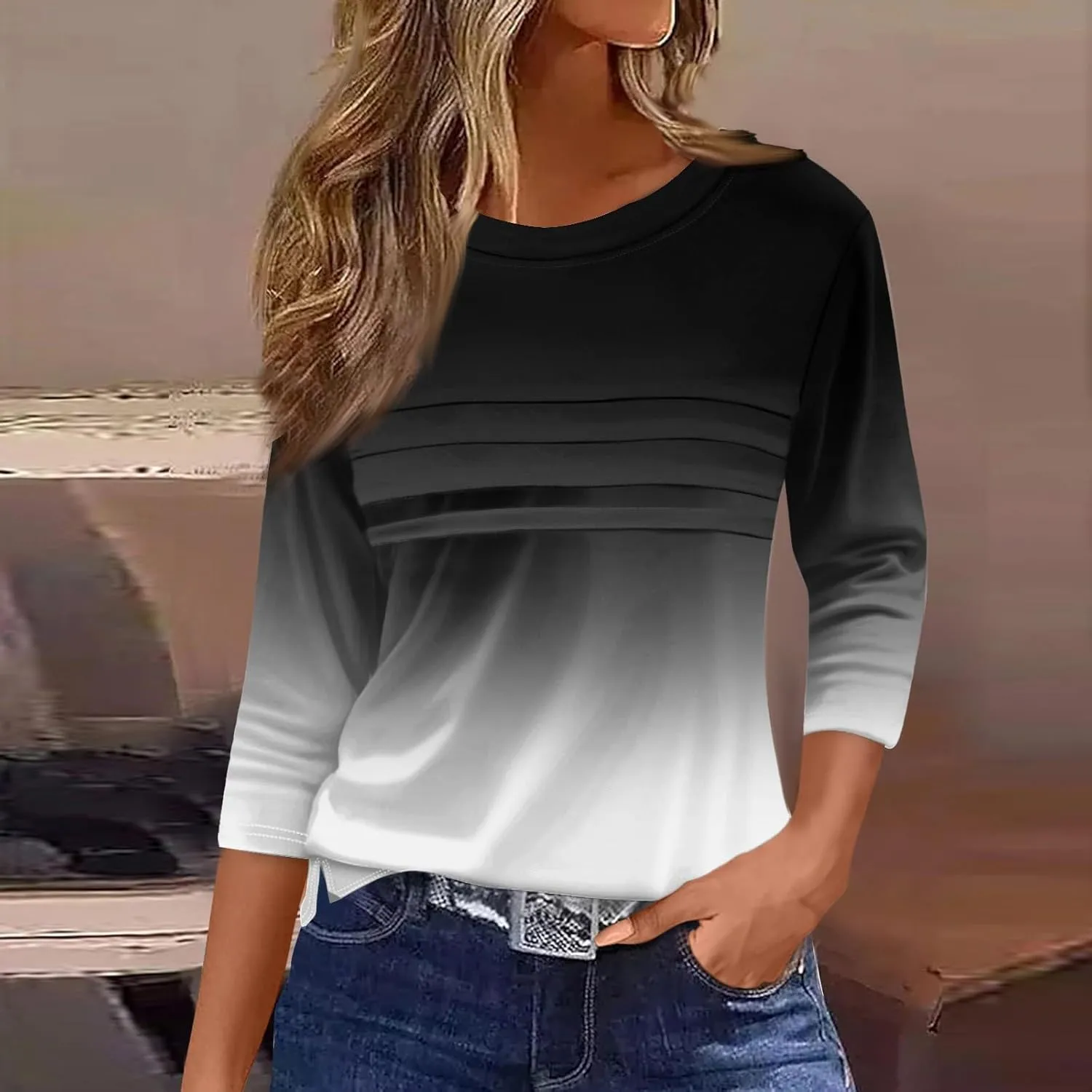 Women's Fashion Casual Loose 3/4 Sleeve Striped Printed Round Neck Top