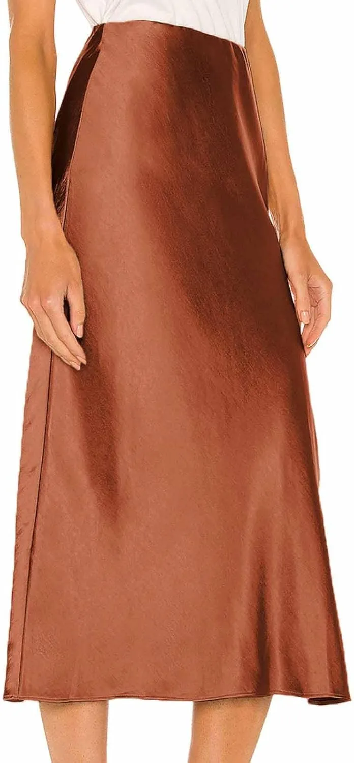 Women's Fashion Casual Solid Color Side Split Slit Midi Skirt Elastic High Waisted Sexy Summer A Line Mid-Calf Skirts
