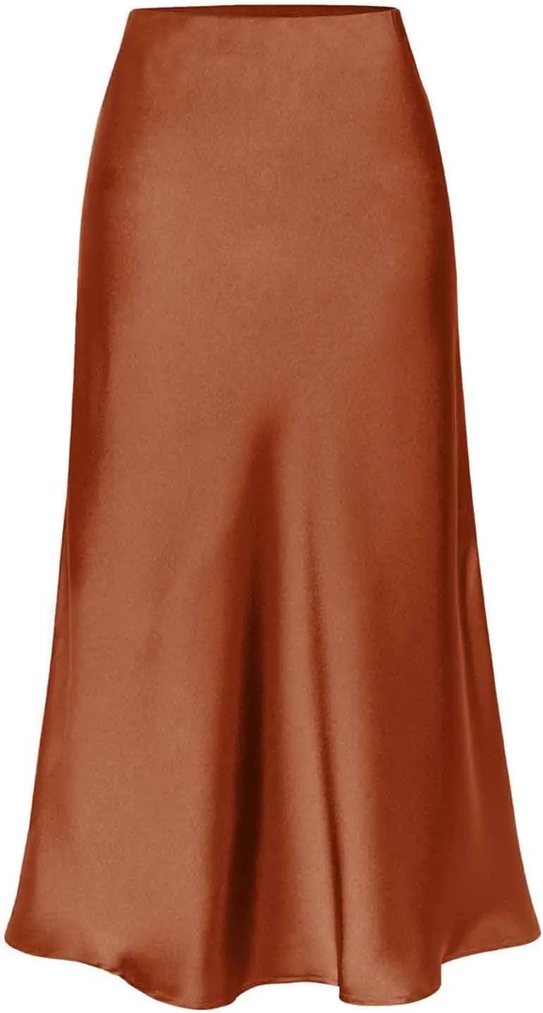 Women's Fashion Casual Solid Color Side Split Slit Midi Skirt Elastic High Waisted Sexy Summer A Line Mid-Calf Skirts