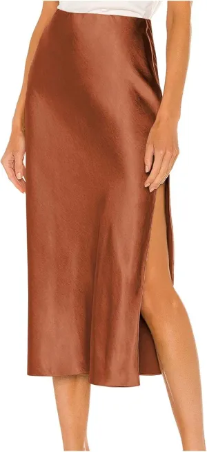Women's Fashion Casual Solid Color Side Split Slit Midi Skirt Elastic High Waisted Sexy Summer A Line Mid-Calf Skirts