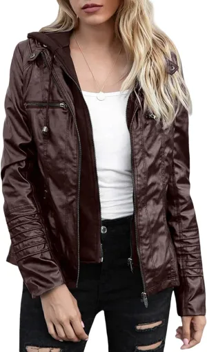 Womens Faux Leather Jacket Lambskin Bomber Leather Jacket Casual Moto Biker Zip up Coat with Removeable Hood