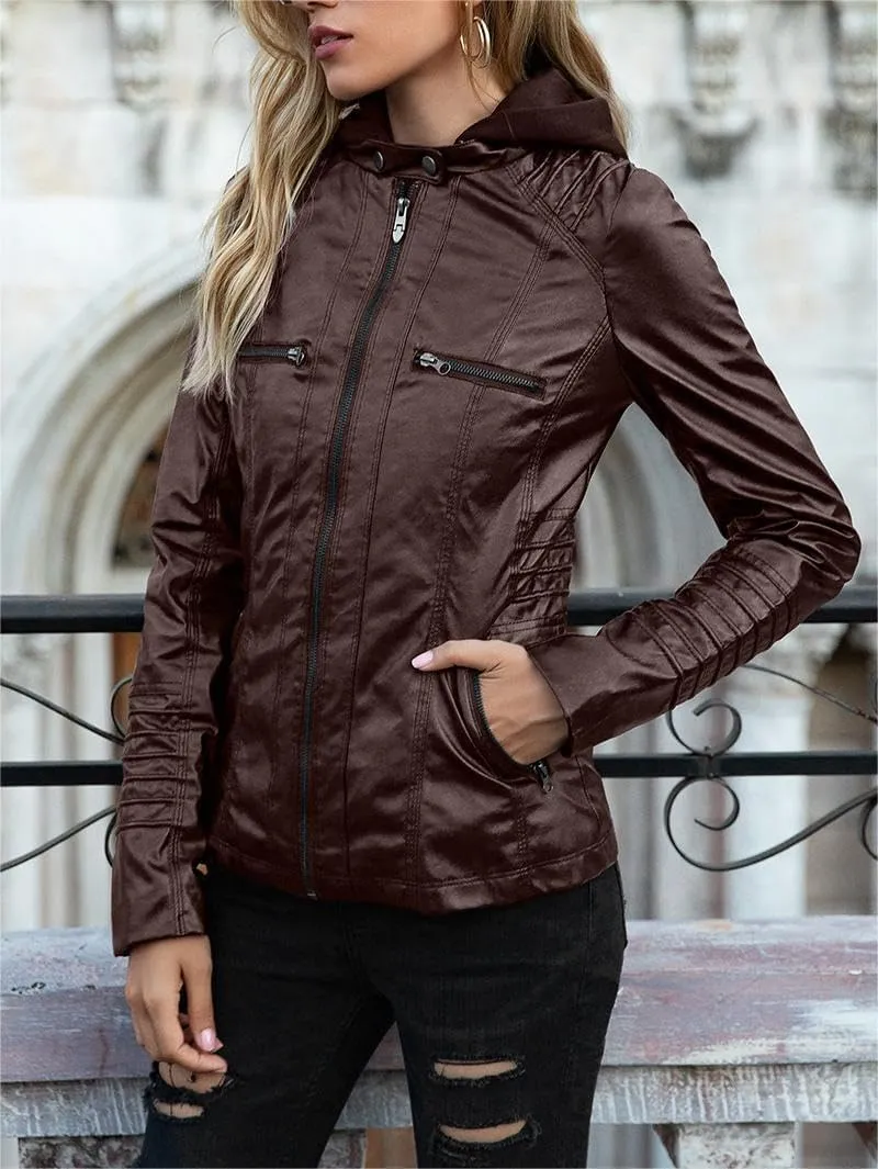Womens Faux Leather Jacket Lambskin Bomber Leather Jacket Casual Moto Biker Zip up Coat with Removeable Hood