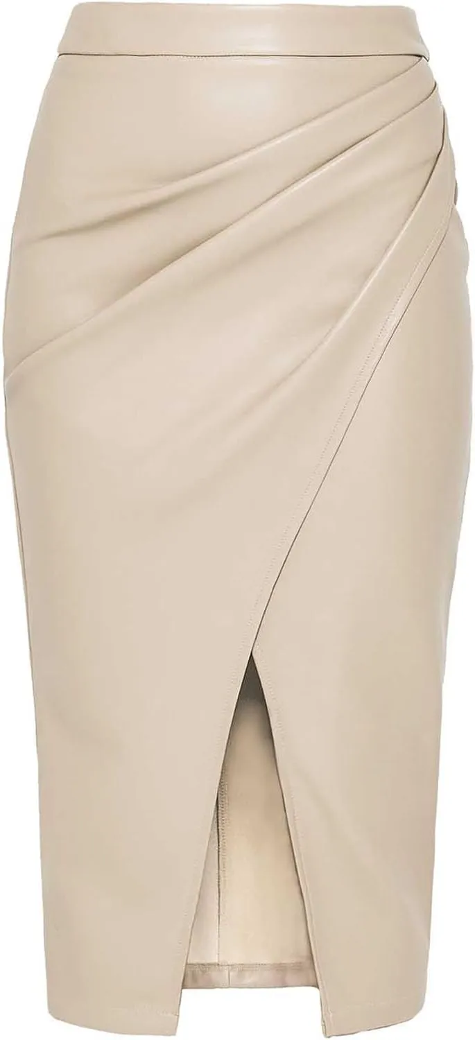 Women's Faux Leather Midi Skirt Fashion Elegant High Waisted Front Slit Ruched Bodycon Maxi Skirts Fall Club Long Skirt