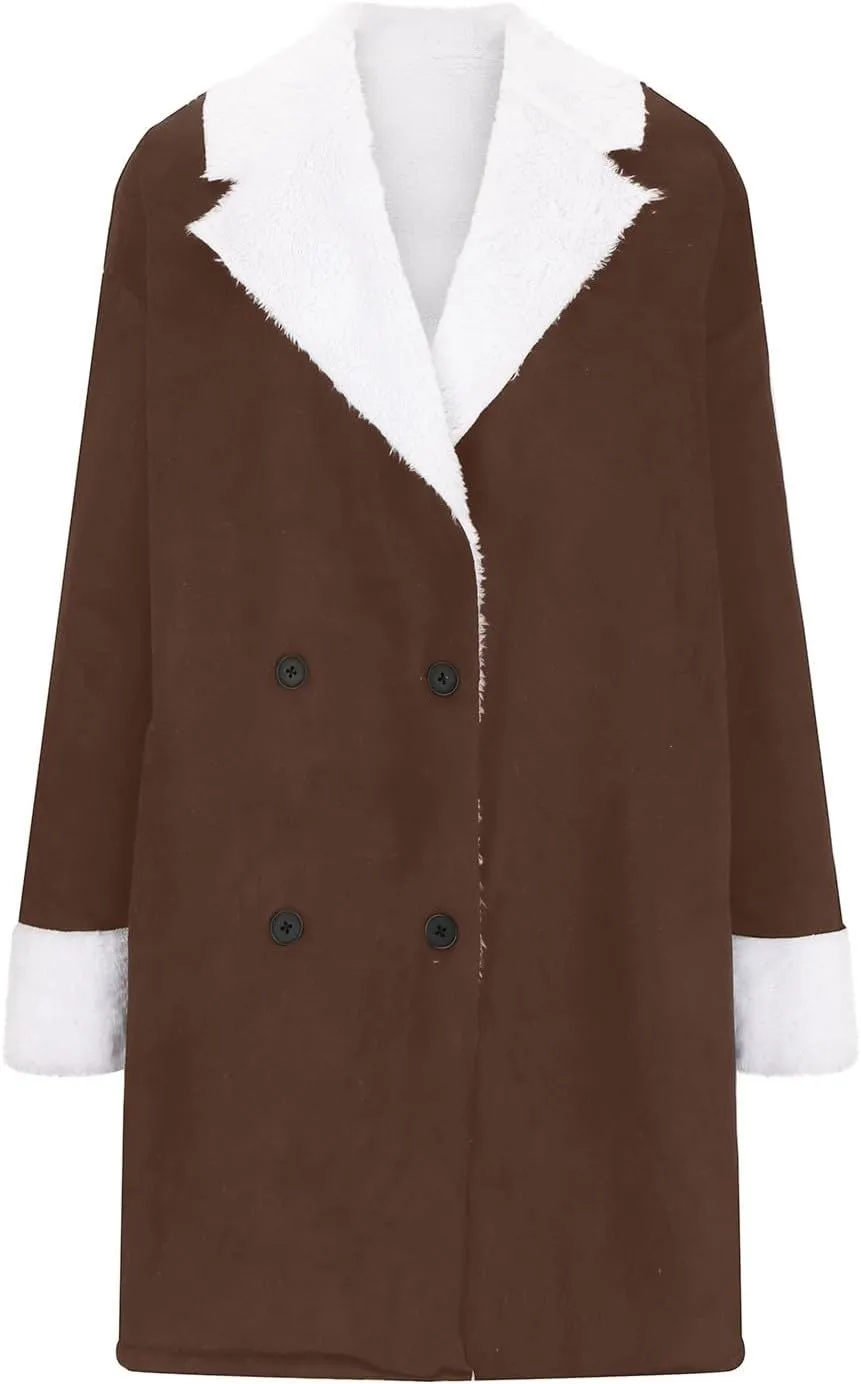 Women's Faux Shearling Long Winter Coats Fleece Lined Sherpa Jackets Trench Coats Fuzzy Warm Thicken Pea Coat Outerwear