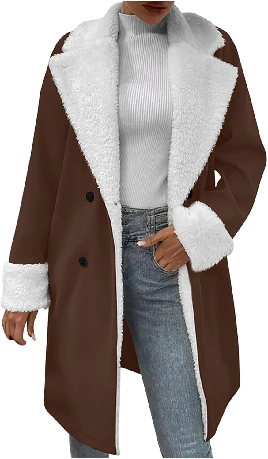Women's Faux Shearling Long Winter Coats Fleece Lined Sherpa Jackets Trench Coats Fuzzy Warm Thicken Pea Coat Outerwear
