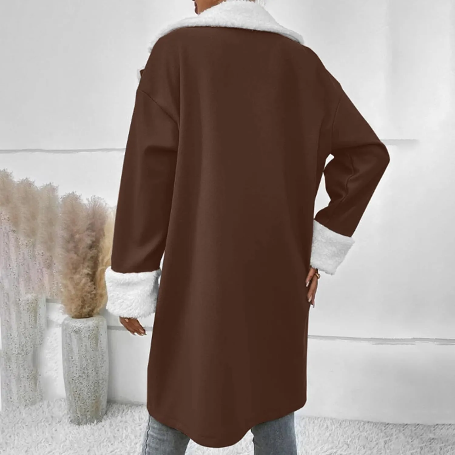 Women's Faux Shearling Long Winter Coats Fleece Lined Sherpa Jackets Trench Coats Fuzzy Warm Thicken Pea Coat Outerwear