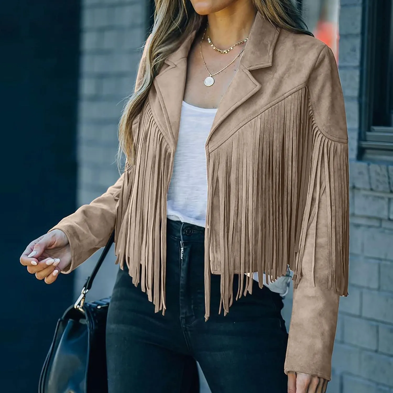 Womens Faux Suede Leather Jacket 2024 Fashion Fringe Cropped Coat Lapel Motorcycle Outerwear Casual Tassels Cardigan