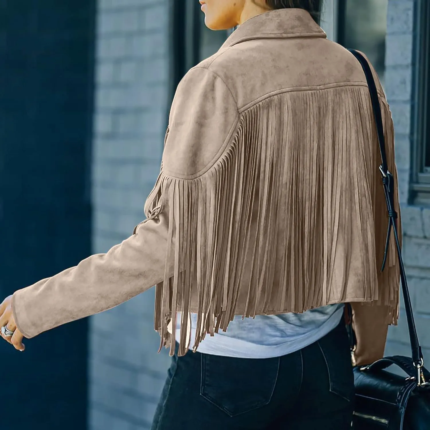 Womens Faux Suede Leather Jacket 2024 Fashion Fringe Cropped Coat Lapel Motorcycle Outerwear Casual Tassels Cardigan