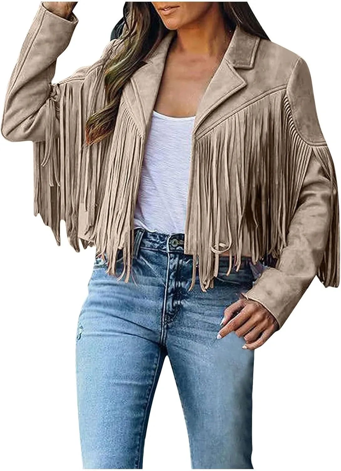 Womens Faux Suede Leather Jacket 2024 Fashion Fringe Cropped Coat Lapel Motorcycle Outerwear Casual Tassels Cardigan