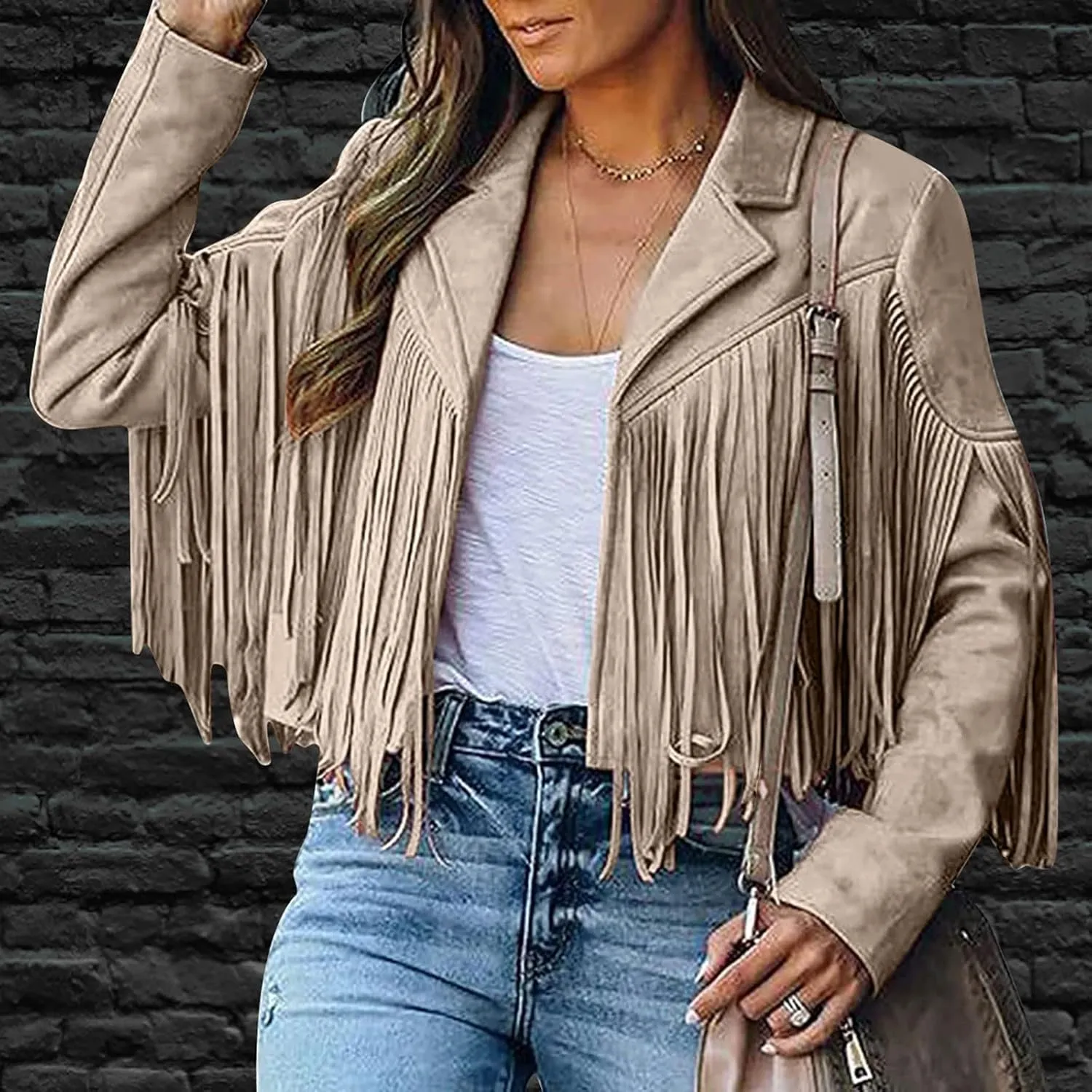 Womens Faux Suede Leather Jacket 2024 Fashion Fringe Cropped Coat Lapel Motorcycle Outerwear Casual Tassels Cardigan