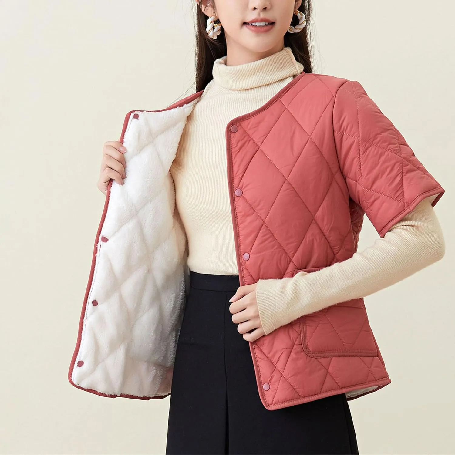 Women's Fleece Lined Puffer Jacket Short Sleeve Snap Button Down Coats with Pocket Warm Diamond Quilted Jacket