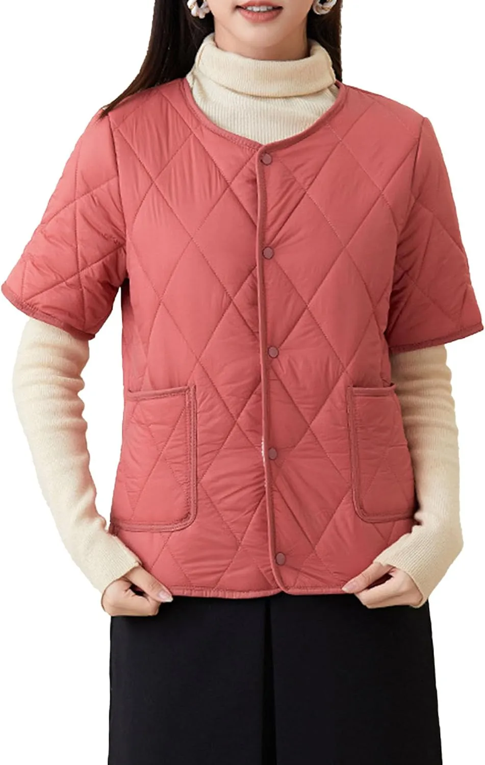 Women's Fleece Lined Puffer Jacket Short Sleeve Snap Button Down Coats with Pocket Warm Diamond Quilted Jacket