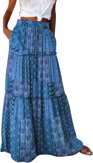 Womens Floral Print Boho Maxi Skirt Elastic High Waisted Tiered Ruffle Flowy Long Summer Beach Skirt with Pockets