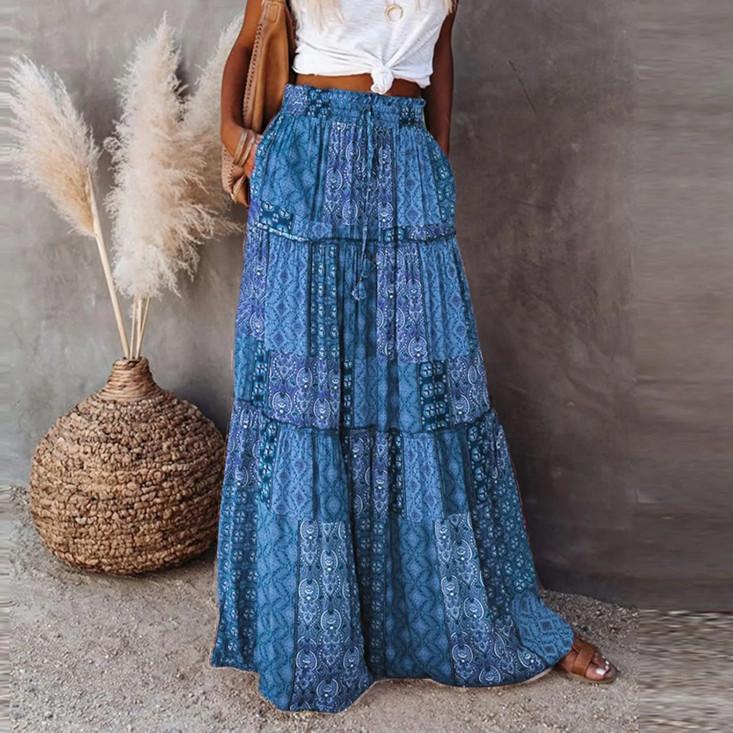 Womens Floral Print Boho Maxi Skirt Elastic High Waisted Tiered Ruffle Flowy Long Summer Beach Skirt with Pockets