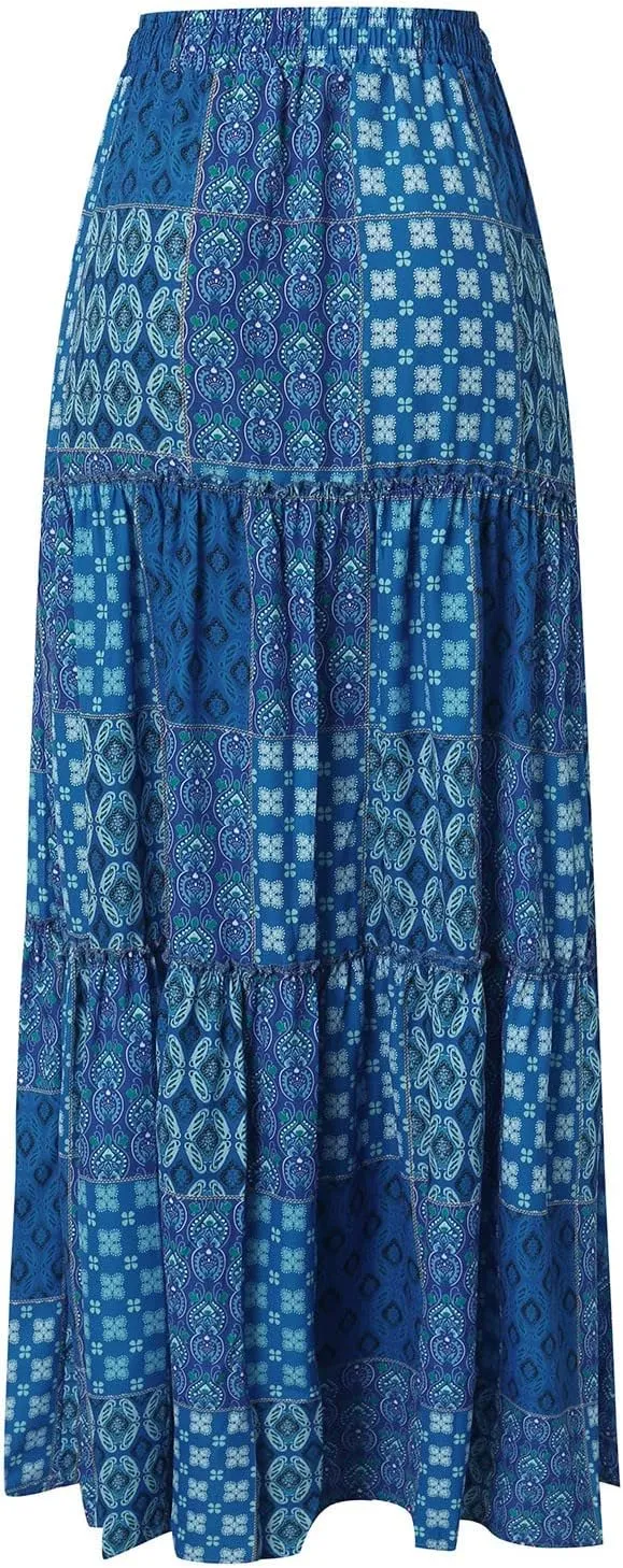 Womens Floral Print Boho Maxi Skirt Elastic High Waisted Tiered Ruffle Flowy Long Summer Beach Skirt with Pockets