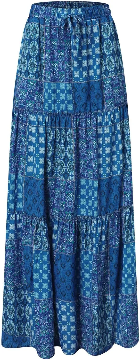 Womens Floral Print Boho Maxi Skirt Elastic High Waisted Tiered Ruffle Flowy Long Summer Beach Skirt with Pockets