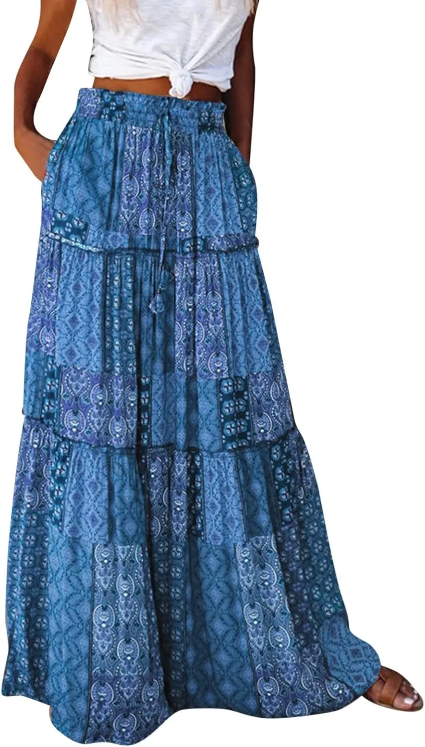 Womens Floral Print Boho Maxi Skirt Elastic High Waisted Tiered Ruffle Flowy Long Summer Beach Skirt with Pockets