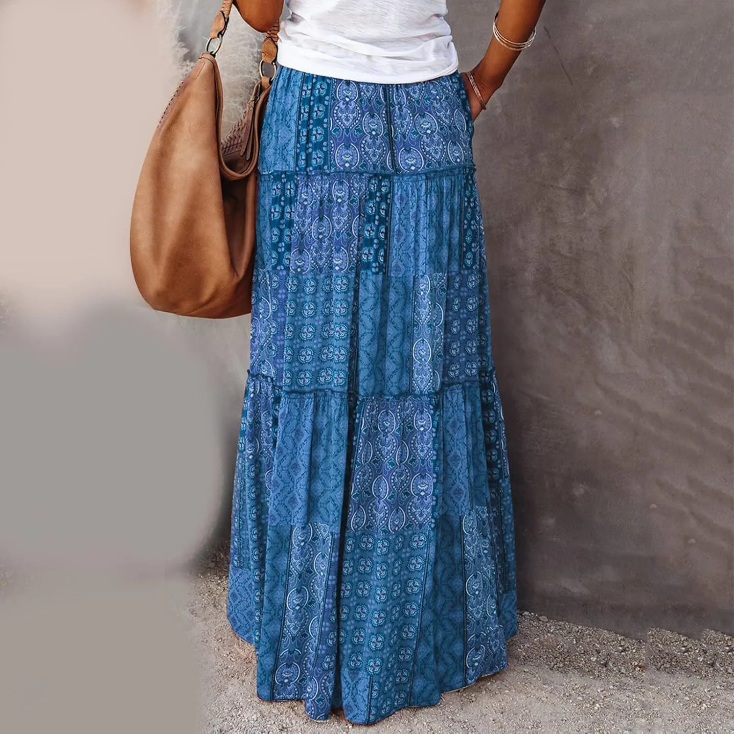 Womens Floral Print Boho Maxi Skirt Elastic High Waisted Tiered Ruffle Flowy Long Summer Beach Skirt with Pockets