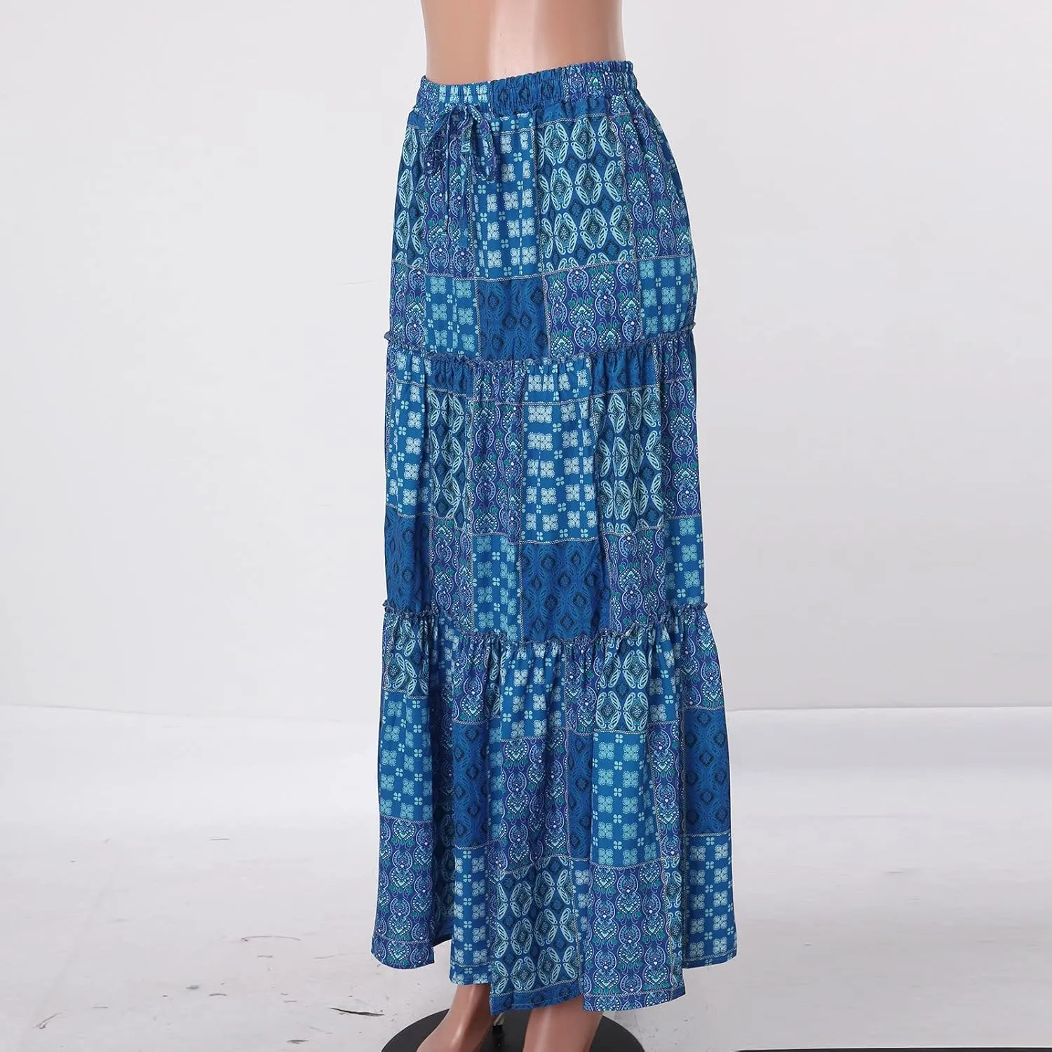 Womens Floral Print Boho Maxi Skirt Elastic High Waisted Tiered Ruffle Flowy Long Summer Beach Skirt with Pockets