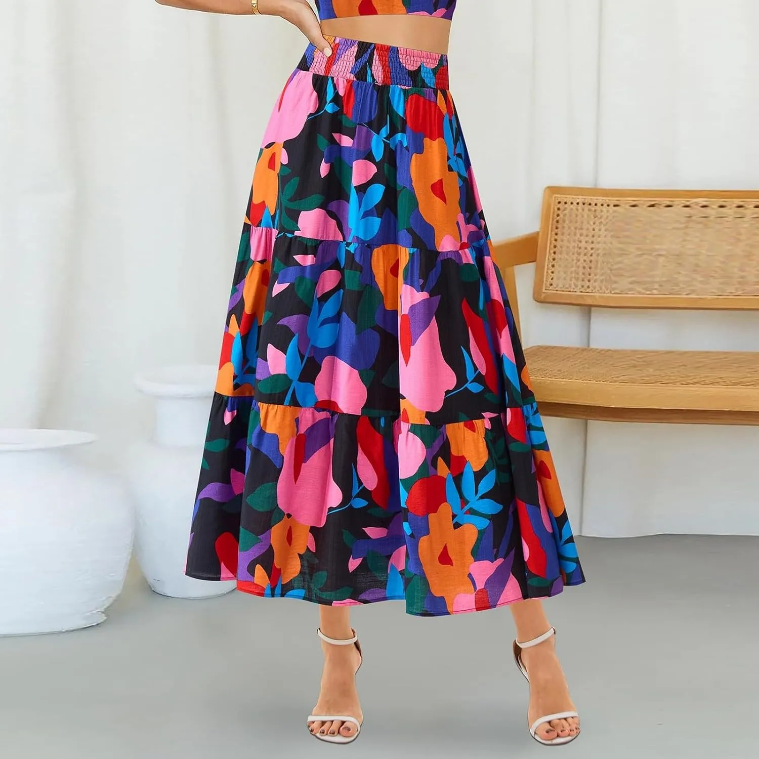 Women's Floral Print Midi Maxi Skirts: 2025 Summer Casual Aline Elastic High Waist Pleated Flowy Long Skirt Pockets