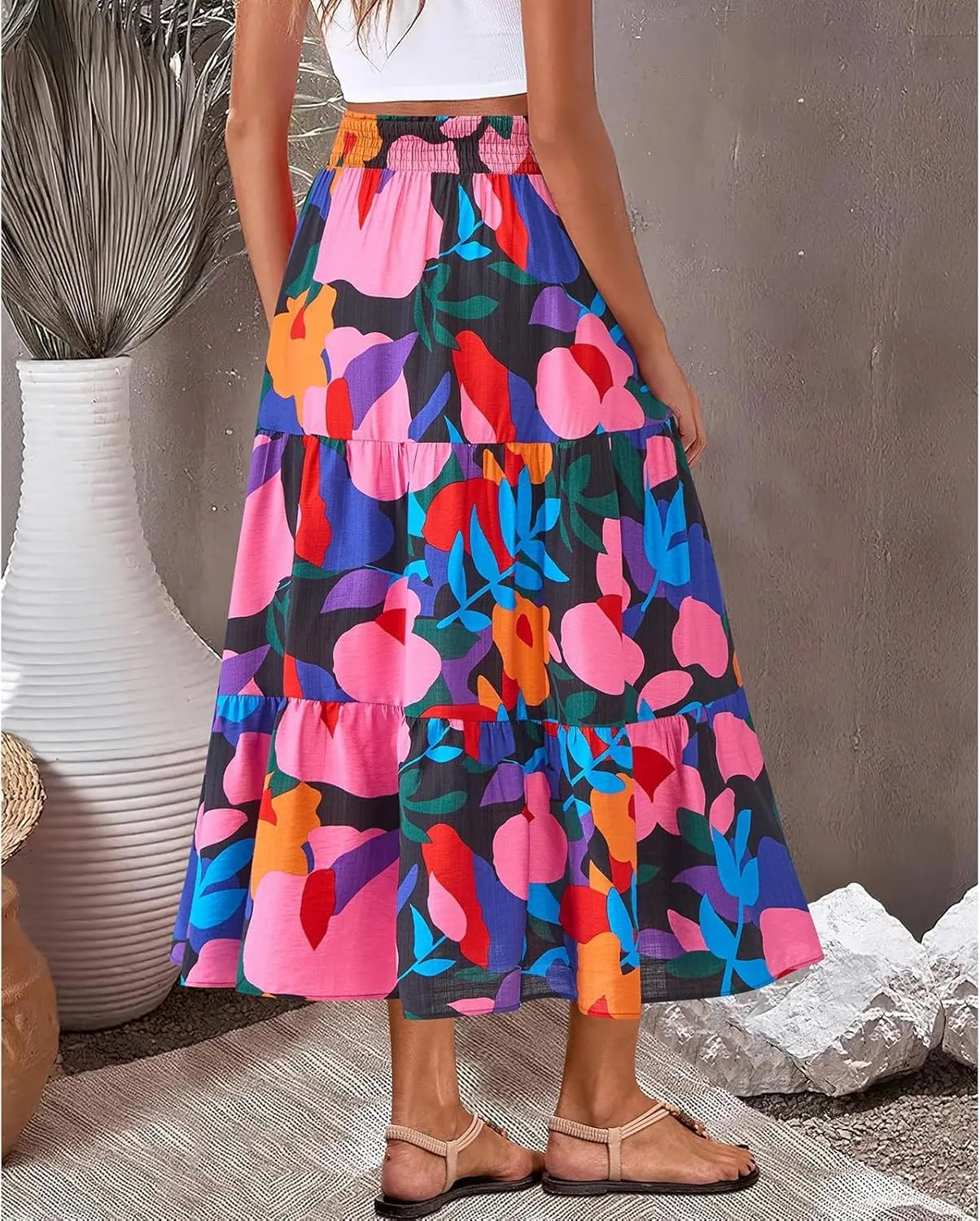 Women's Floral Print Midi Maxi Skirts: 2025 Summer Casual Aline Elastic High Waist Pleated Flowy Long Skirt Pockets