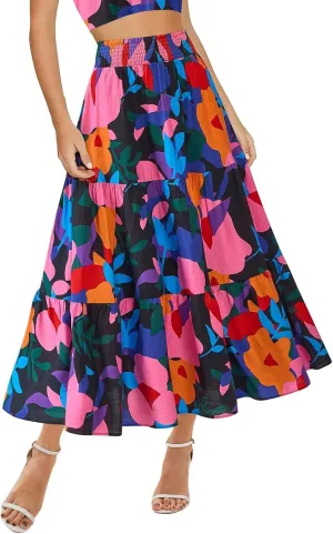 Women's Floral Print Midi Maxi Skirts: 2025 Summer Casual Aline Elastic High Waist Pleated Flowy Long Skirt Pockets