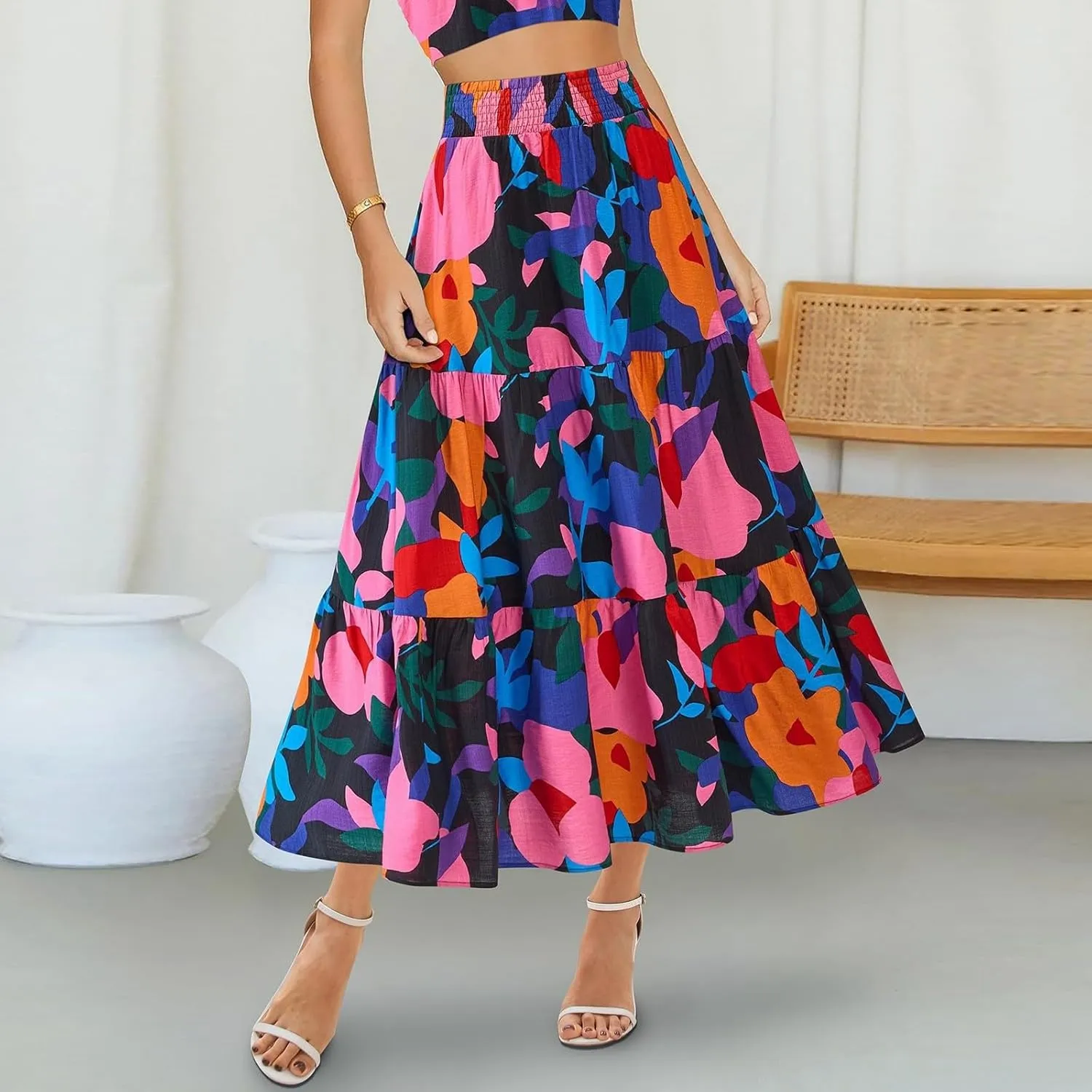 Women's Floral Print Midi Maxi Skirts: 2025 Summer Casual Aline Elastic High Waist Pleated Flowy Long Skirt Pockets