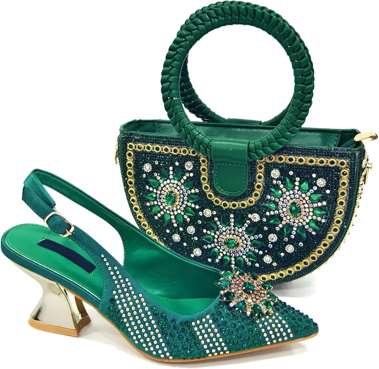 Womens Gold Italian Evening Shoes and Bag Set Rhinestone Wedding Party Pumps Luxury Bridal Satin Clutch Purse Bag