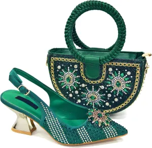 Womens Gold Italian Evening Shoes and Bag Set Rhinestone Wedding Party Pumps Luxury Bridal Satin Clutch Purse Bag
