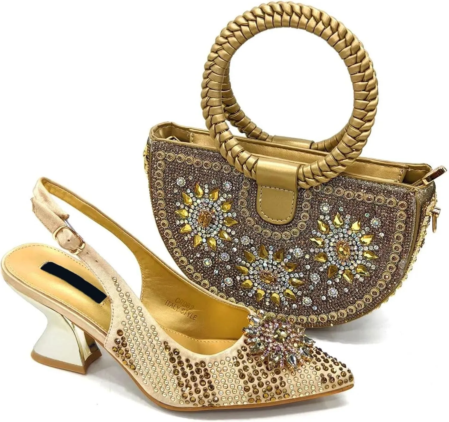 Womens Gold Italian Evening Shoes and Bag Set Rhinestone Wedding Party Pumps Luxury Bridal Satin Clutch Purse Bag