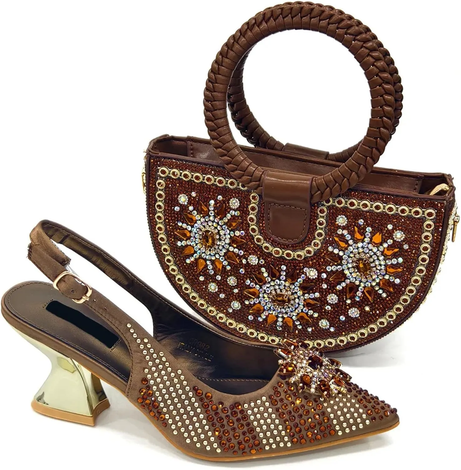Womens Gold Italian Evening Shoes and Bag Set Rhinestone Wedding Party Pumps Luxury Bridal Satin Clutch Purse Bag