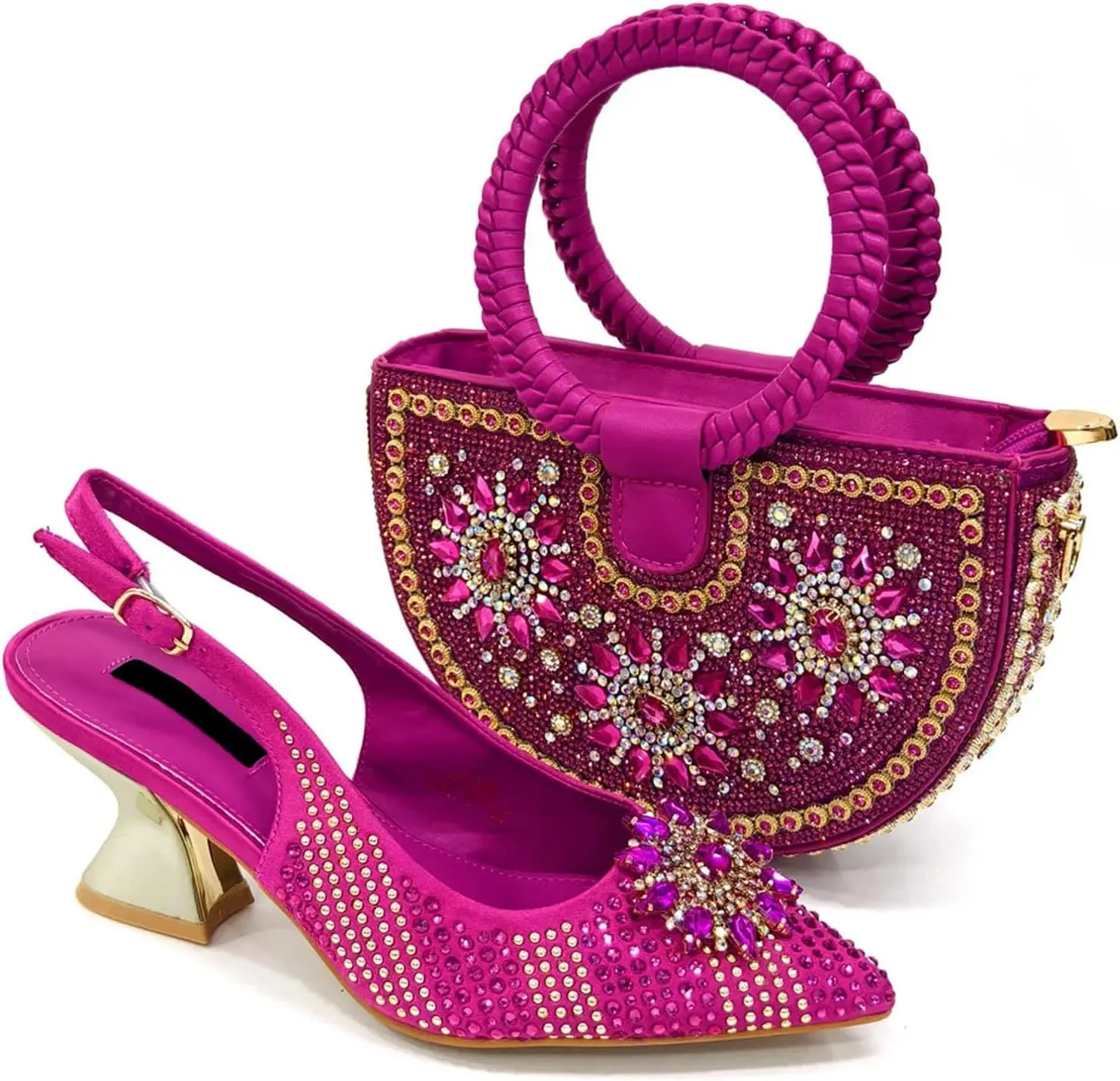 Womens Gold Italian Evening Shoes and Bag Set Rhinestone Wedding Party Pumps Luxury Bridal Satin Clutch Purse Bag