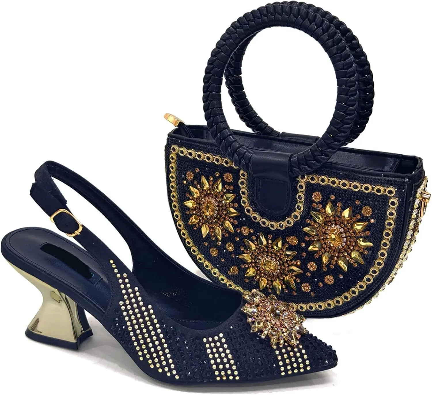 Womens Gold Italian Evening Shoes and Bag Set Rhinestone Wedding Party Pumps Luxury Bridal Satin Clutch Purse Bag
