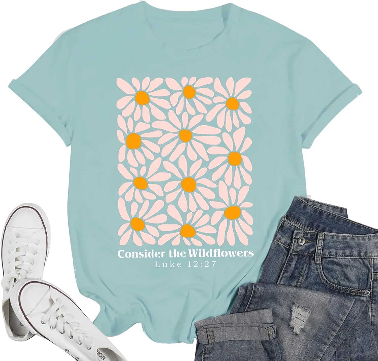 Womens Graphic T Shirts: Christian Shirts Daisy Print Short Sleeve Ladies T-Shirts Faith Hope Love Tee