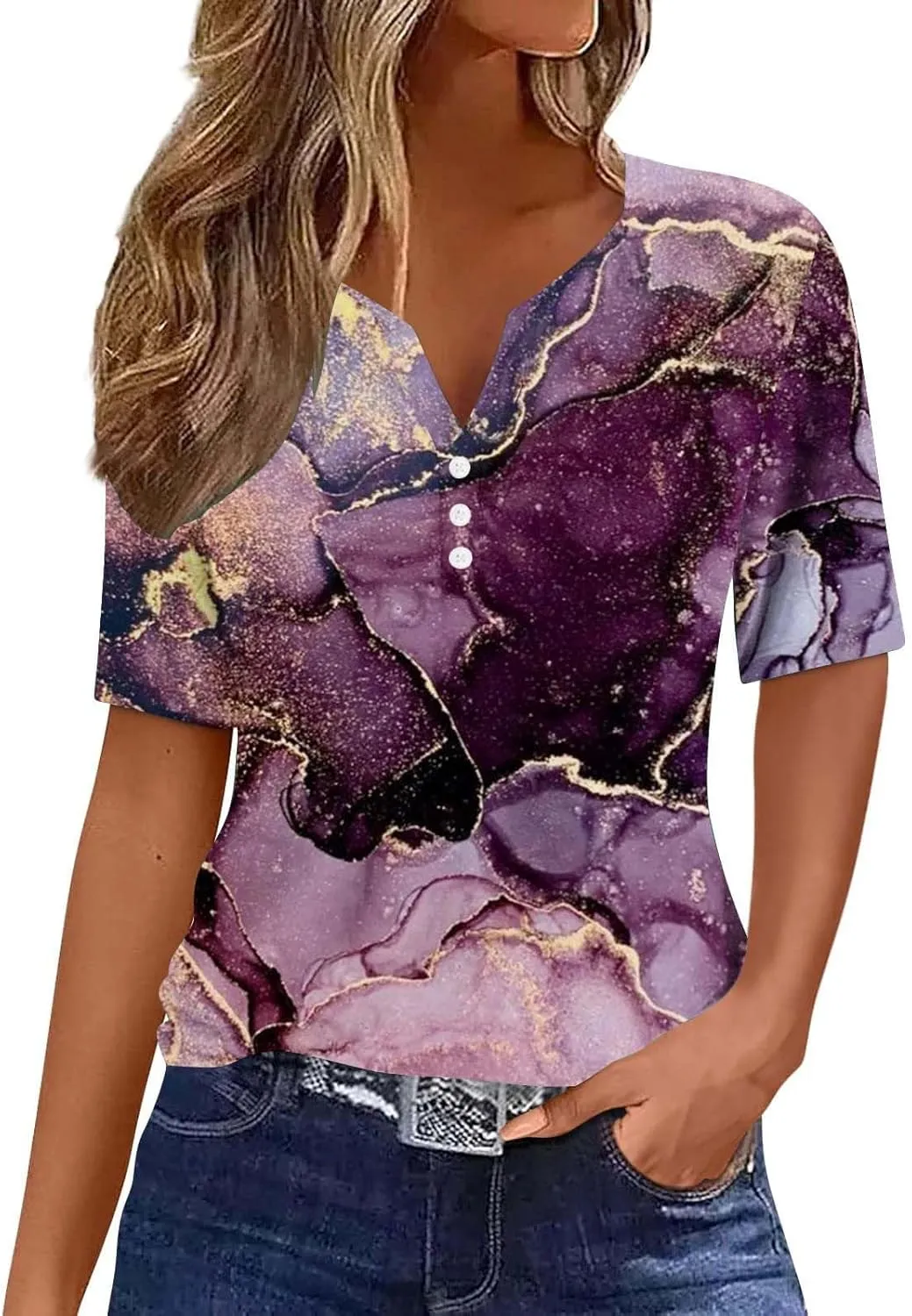 Women's Graphic t Shirts Short Sleeve Henley V Neck Boho Floral Tops Dressy Casual Blouses Trendy 2024 Summer