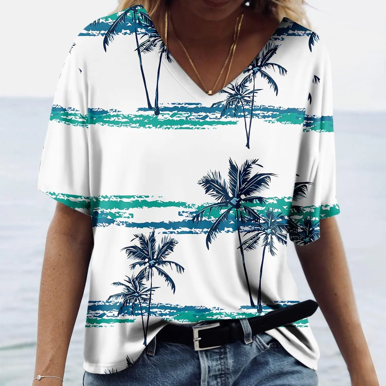 Womens Hawaiian Shirt Palm Trees Beach Graphic Tee Tops Summer Vacation Short Sleeve Tshirt Tops Casual V Neck