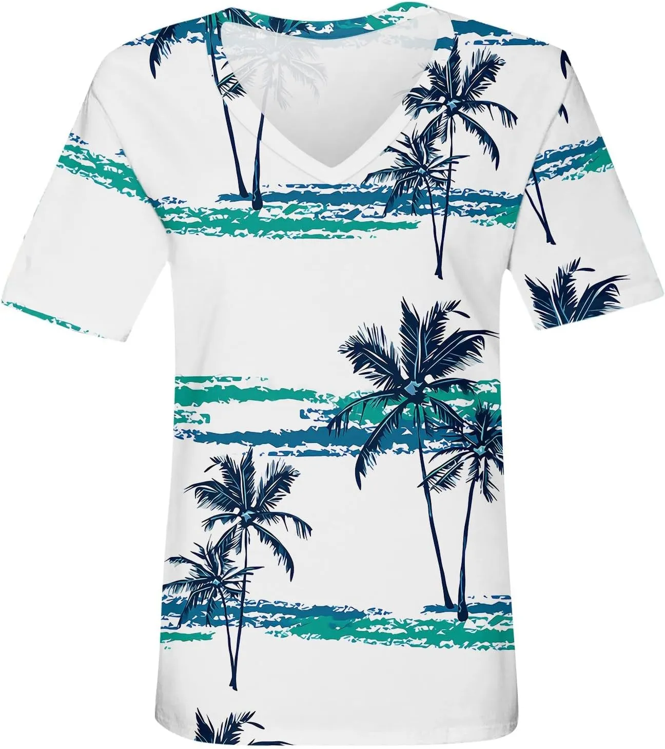Womens Hawaiian Shirt Palm Trees Beach Graphic Tee Tops Summer Vacation Short Sleeve Tshirt Tops Casual V Neck