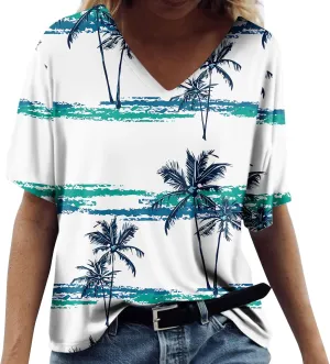 Womens Hawaiian Shirt Palm Trees Beach Graphic Tee Tops Summer Vacation Short Sleeve Tshirt Tops Casual V Neck