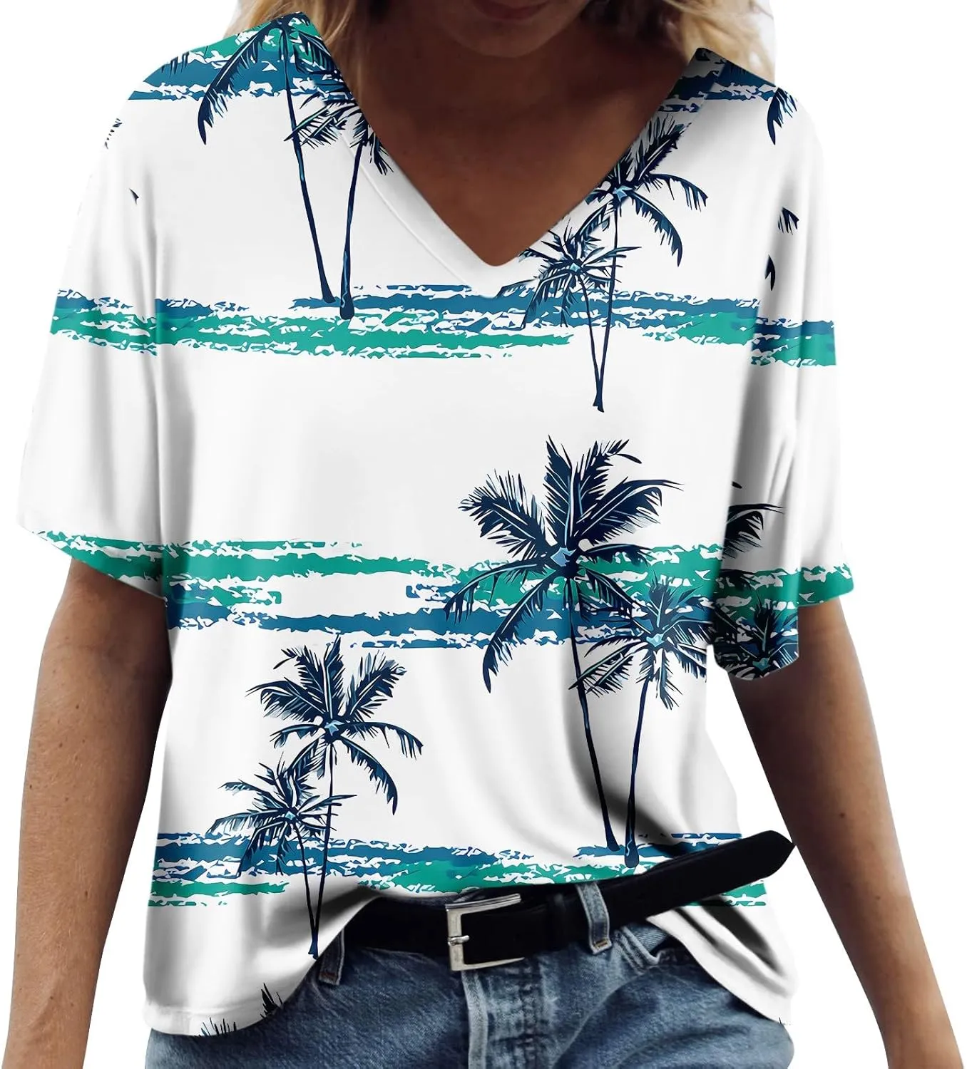 Womens Hawaiian Shirt Palm Trees Beach Graphic Tee Tops Summer Vacation Short Sleeve Tshirt Tops Casual V Neck