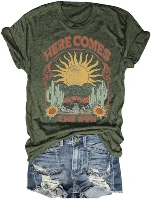 Women's Here Comes The Sun Graphic Tees Retro Vintage Inspired Hippie T-Shirt Tops