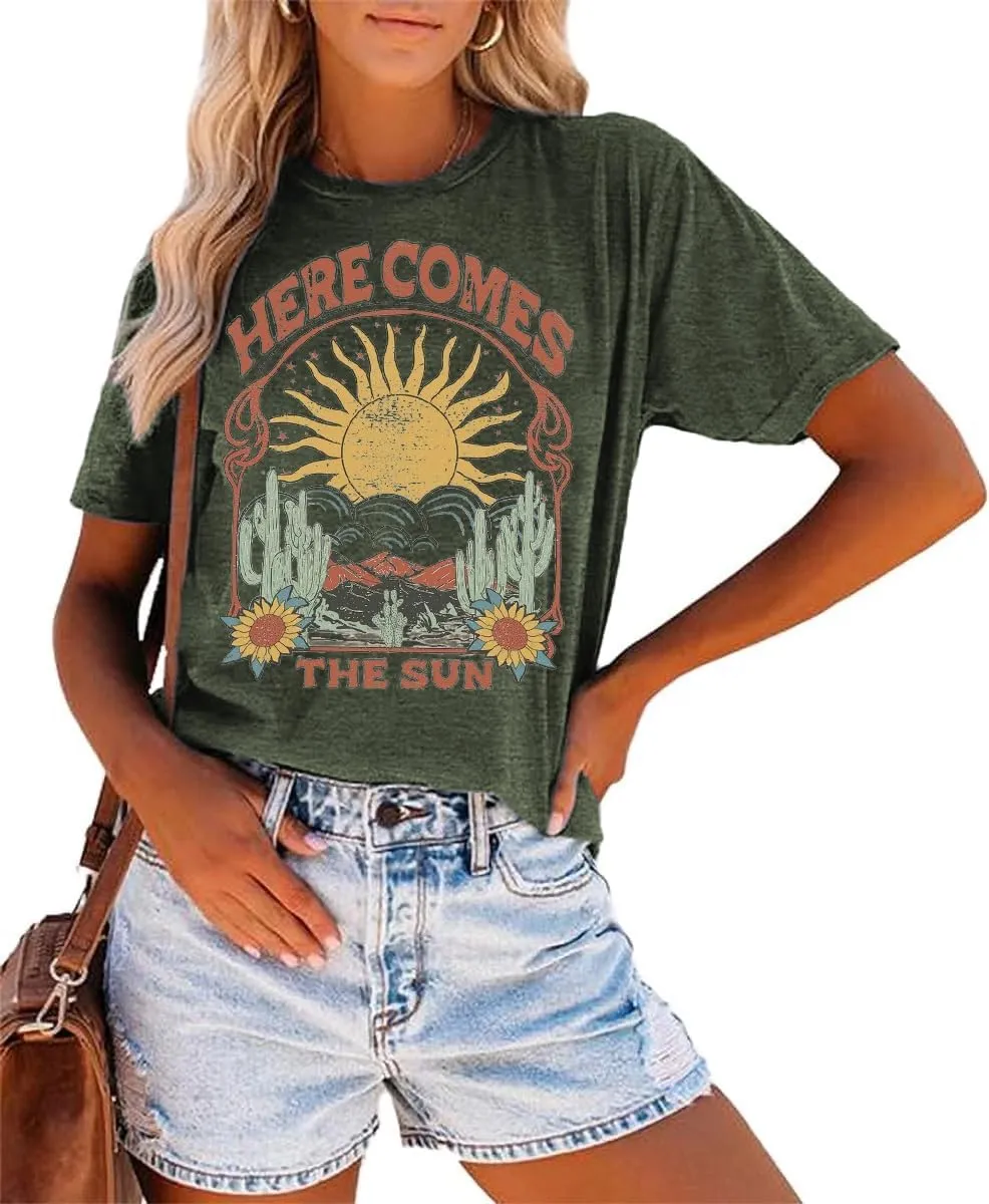 Women's Here Comes The Sun Graphic Tees Retro Vintage Inspired Hippie T-Shirt Tops