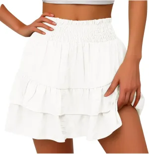 Womens High Waist Ruffle Mini Skirt Cute Tiered Short Skirt Causal Pleated Flowy Skirts Beach Vacation Flowy Skirt