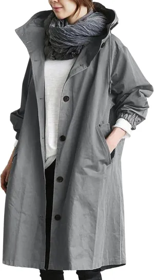 Womens Hooded Trench Coat Winter Lightweight Waterproof Rain Jacket Outdoor Button Down Oversized Windbreaker Outwear